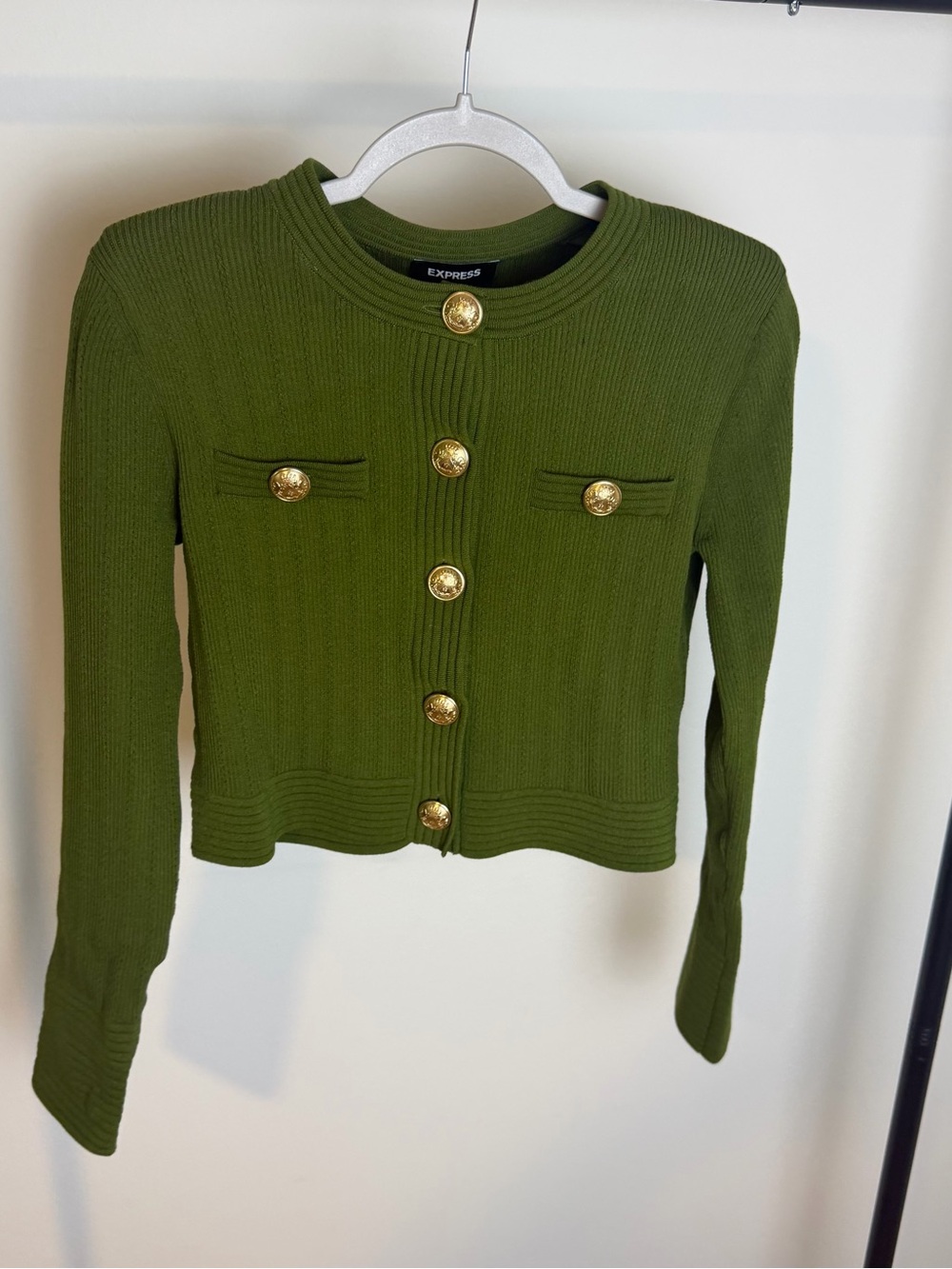 Express Olive Ribbed Button-Up Cardigan with Gold Crest Buttons